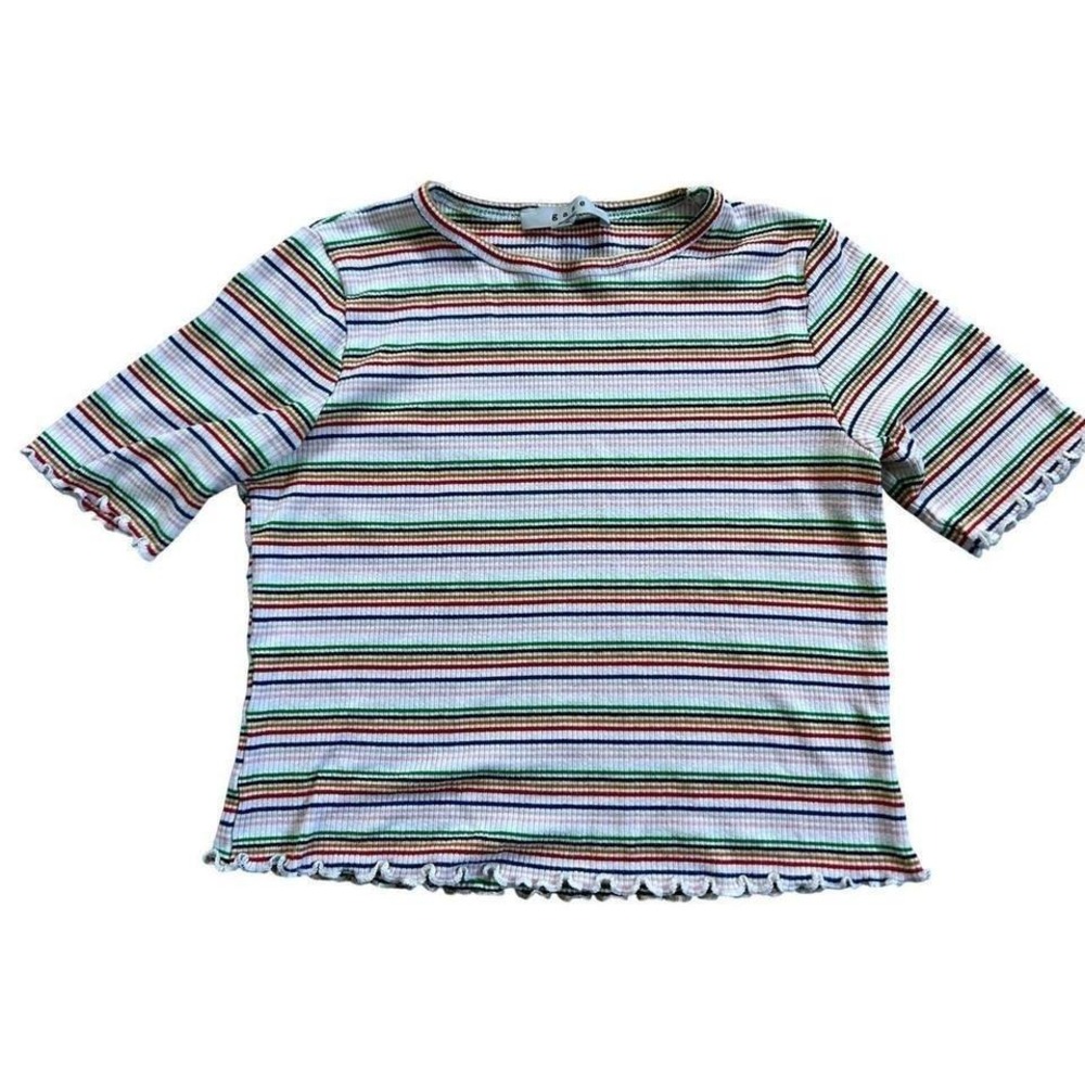 Gaze Womens Striped Ribbed Lettuce Hem‎ Tee Top Size M